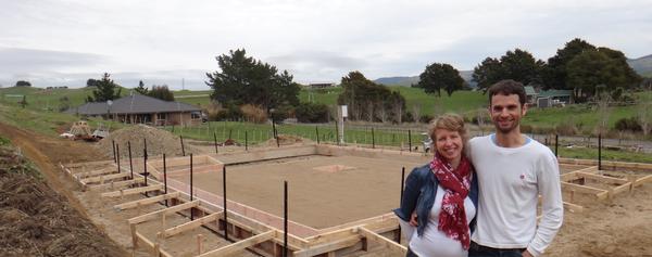 Ellen van der Knapp and Casper Valentin on site at first Passive House Waikato in Waitetuna near Raglan